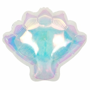 May include: A large iridescent blue and white seashell shaped foil balloon. The balloon is made of a shiny, reflective material.