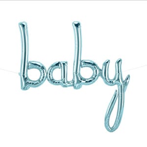Blue Baby Script Letter Balloons - Silver - Gold - Cursive Font - Baby Shower Announcement