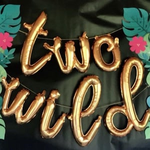 Pode incluir: Bandeirola de balões dourados que formam as palavras "two wild" sobre um fundo escuro, adornada com recortes de papel de folhas tropicais e flores cor-de-rosa. Os balões inflados e brilhantes criam um ambiente festivo.
