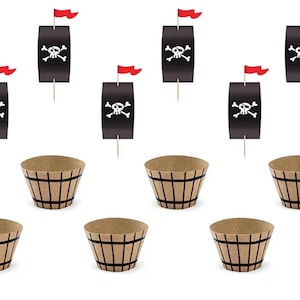Pirate Party Cupcake Toppers - Set 6 - Pirate Ship Sails & Barrel Design - Pirate Theme Birthday Party Tableware