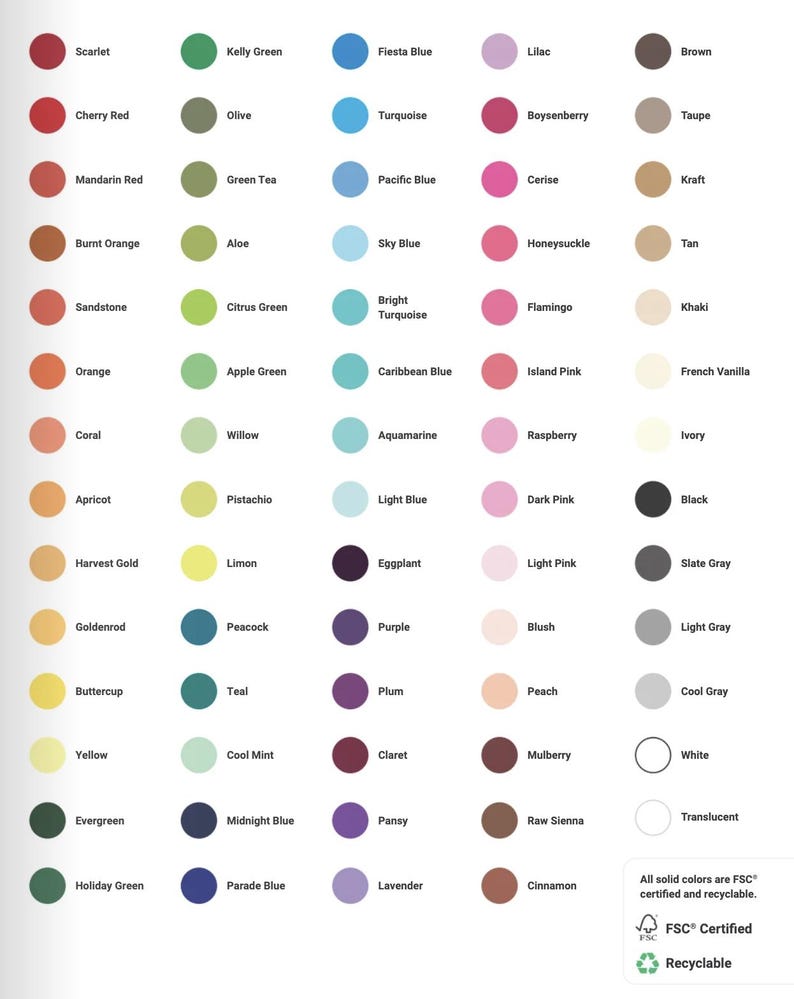 Puede incluir: Una carta de colores con una amplia gama de colores s&oacute;lidos, incluyendo Scarlet, Kelly Green, Fiesta Blue y Lilac. La carta tambi&eacute;n incluye nombres de colores como Brown, Taupe y Khaki. El texto indica que los colores est&aacute;n certificados FSC y son reciclables.