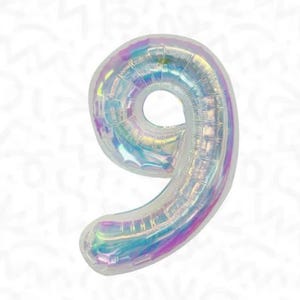 May include: A number nine balloon featuring an iridescent, holographic finish that reflects various colors including light blue, pink, and purple. The balloon has a metallic, crinkled texture and a rounded, inflated shape typical of foil party decor.