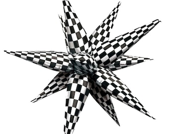 Black White Checkered Starburst Balloons - 26 Inch - Race Car Theme Birthday Party - Foil Mylar Balloon - Air fill Only