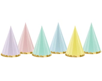 Pastel Party Hats with Gold Fringe - Set 6 - Birthday Party Hats - Pastel Pink - Green - Yellow - Blue - Purple