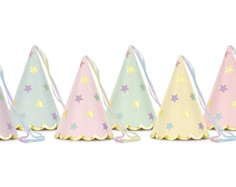 Pastel Paper Party Hats with Stars, Tassels and Gold Trim - Set 6