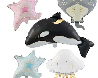 Globos de fiesta Pastel Bajo el Mar - Raya - Ballena Negra - Medusa - Estrella de Mar - Azul Rosa - Globos de Papel de Aluminio -