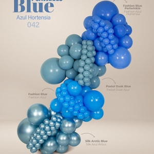 Puede incluir: Una disposici&oacute;n de globos azules en varios tonos, incluyendo azul b&iacute;garo, azul moda y azul &aacute;rtico seda. La imagen incluye el texto "Periwinkle Blue" y "Azul Hortensia 042".