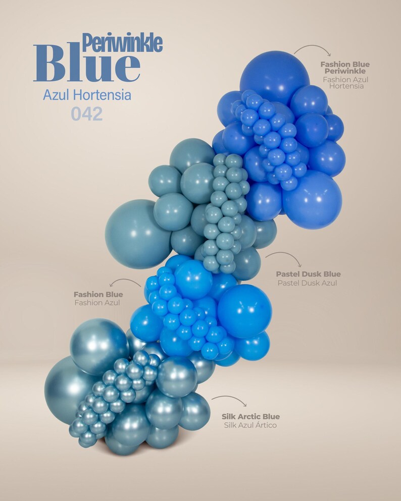 Puede incluir: Una disposici&oacute;n de globos azules en varios tonos, incluyendo azul b&iacute;garo, azul moda y azul &aacute;rtico seda. La imagen incluye el texto "Periwinkle Blue" y "Azul Hortensia 042".