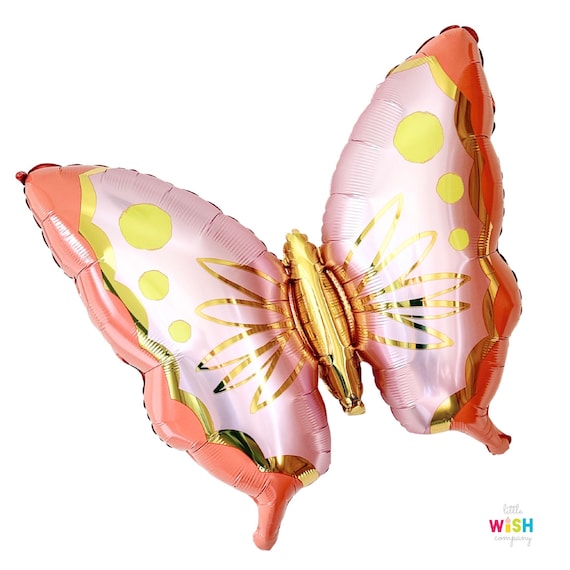 Pretty Coral, Pink, Yellow & Gold Butterfly Balloons - 30 Inch - Woodland Garden Birthday Balloons - Bug Theme Birthday - Foil Mylar