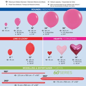 Puede incluir: Un gr&aacute;fico de globos Sempertex con globos redondos, de coraz&oacute;n y tubulares. Los tama&ntilde;os var&iacute;an de 13 cm a 91,5 cm de di&aacute;metro, con tiempos de flotaci&oacute;n y capacidad de helio correspondientes. Texto en ingl&eacute;s y espa&ntilde;ol.
