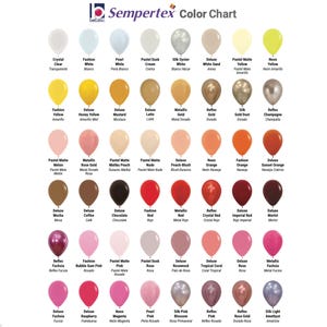 Puede incluir: Una carta de colores de Sempertex muestra una variedad de colores de globos. La carta incluye tonos de blanco, amarillo, naranja, rosa, rojo, marr&oacute;n y morado. Cada color est&aacute; etiquetado con su nombre, como "Fashion White" y "Deluxe Mocha."