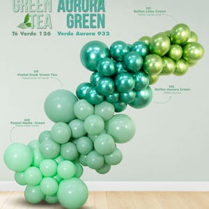 Puede incluir: Una disposici&oacute;n de globos verdes en varios tonos, incluyendo pastel, mate y reflex. La imagen presenta etiquetas de texto que indican los nombres y c&oacute;digos de color, como "Green Tea 126" y "Aurora Green 932".