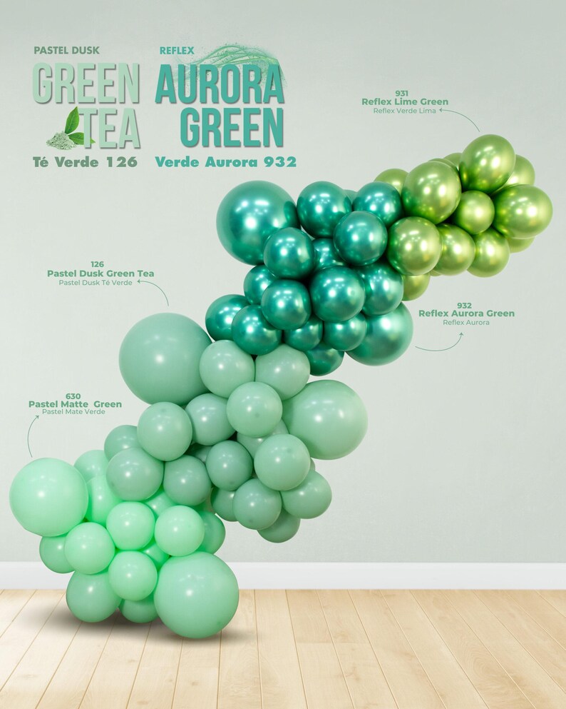 Puede incluir: Una disposici&oacute;n de globos verdes en varios tonos, incluyendo pastel, mate y reflex. La imagen presenta etiquetas de texto que indican los nombres y c&oacute;digos de color, como "Green Tea 126" y "Aurora Green 932".