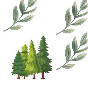 May include: A watercolor illustration of four green trees with leafy branches surrounding them.