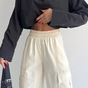 Beige Cargo Pants for Women – High Waist Wide Leg Utility Trousers with Pockets