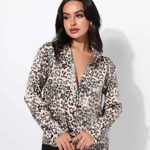 Leopard Print Satin Shirt – Elegant Blouse for Women, Shiny Fabric, Vintage Inspired