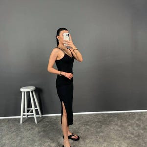 Black Side Slit Dress for Women – Spaghetti Straps, Sleeveless, Sexy Slim Fit Maxi