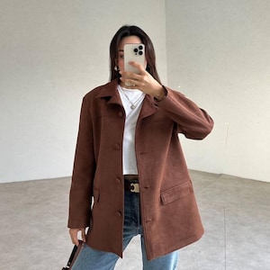 Women’s Brown Faux Suede Jacket – Button Front Coat, Minimalist Fall Outerwear