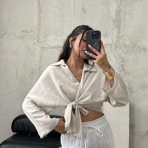 Stone Beige Side-Tie Kimono Top – Wrap Blouse with Crochet Cuff Trim