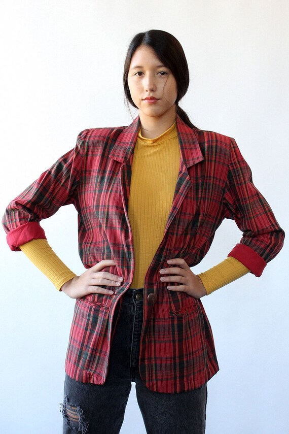 Cranberry Plaid Long Blazer S • 90s Blazer • Vinta