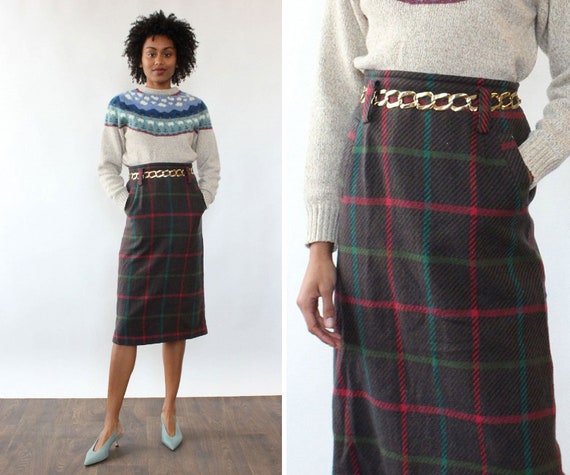 Jeweltone Plaid Pencil Skirt M • 80s Skirt • Vinta