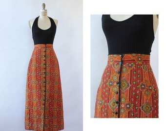 Cinnabar Quilted Maxi Skirt M/L • Vintage Maxi Skirt • 60s Maxi Skirt • Vintage A Line Skirt • Paisley Skirt • Button Up Skirt • SK1498