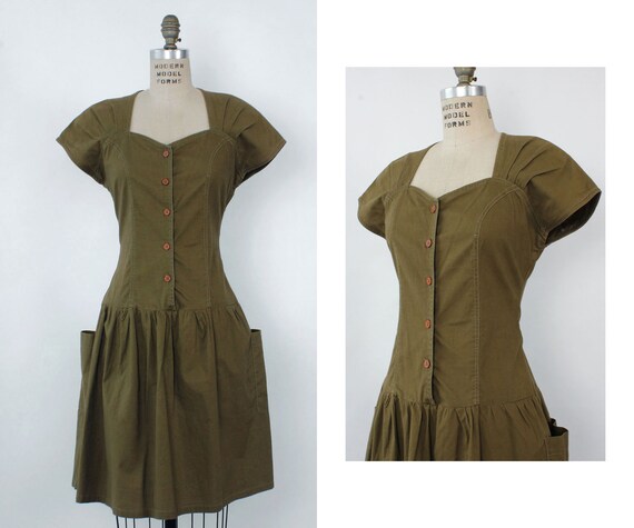 Olive Cotton Apron Pocket Dress S/M • 80s Dress V