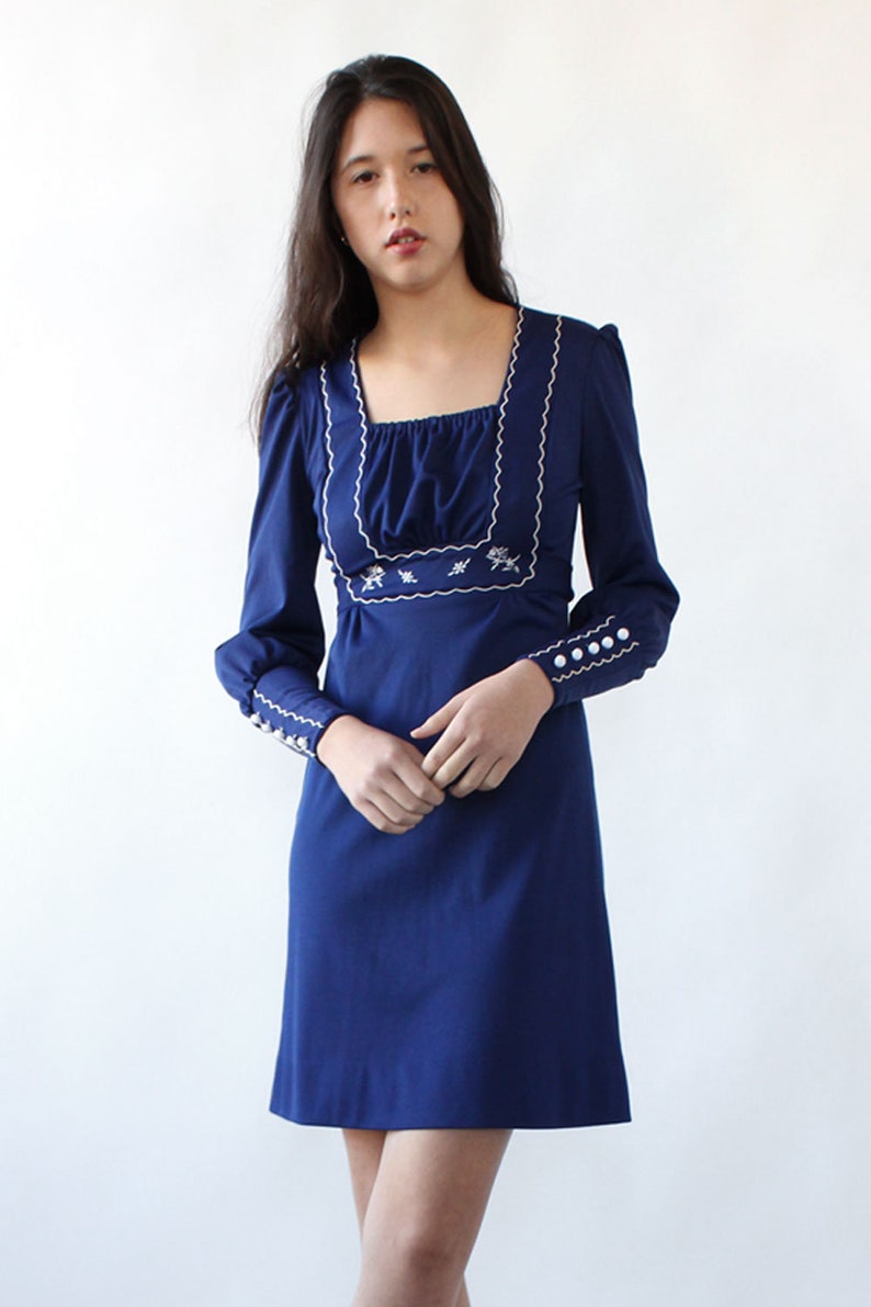 Navy Veruca Salt Dress XSS \u2022 70s Dress \u2022 Blue Vintage Dress \u2022 Vintage Mini Dress \u2022 Vintage Mod Dress \u2022 Vintage Embroidered Dress \u2022 D2973