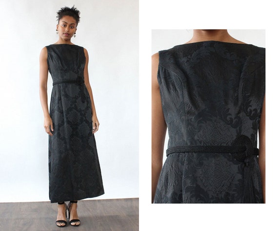 Brocade Tassel Gown M • 60s Black Dress • Vintage