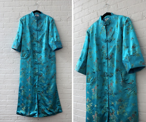 Teal Satin Embroidered Duster S-M/L • 90s Duster •