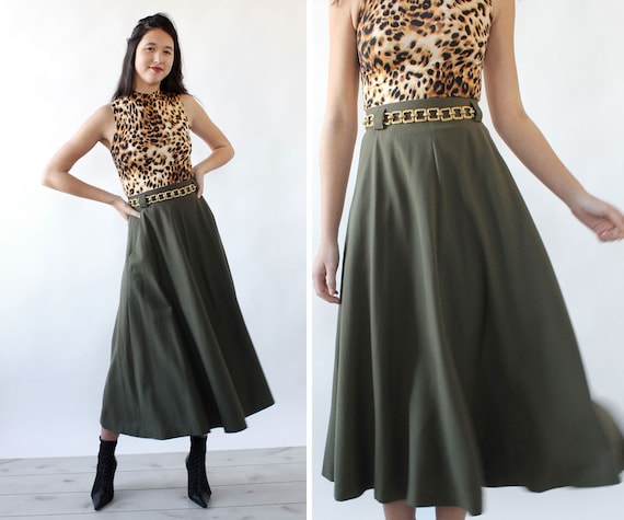 Olive Green Flare Skirt S • 80s Skirt • Green Vint