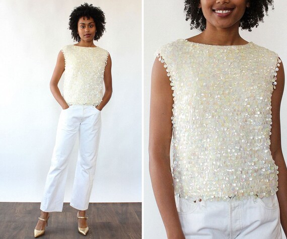 Iridescent Paillette Shell Top M/L • 70s Top • Vin
