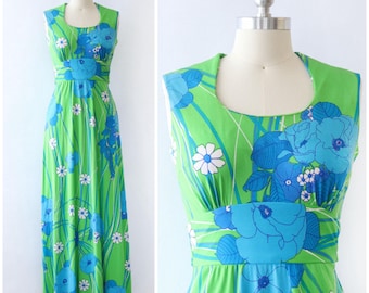 1960s Electric Lime Pop Floral Maxi S / colorful summer dress / deadstock