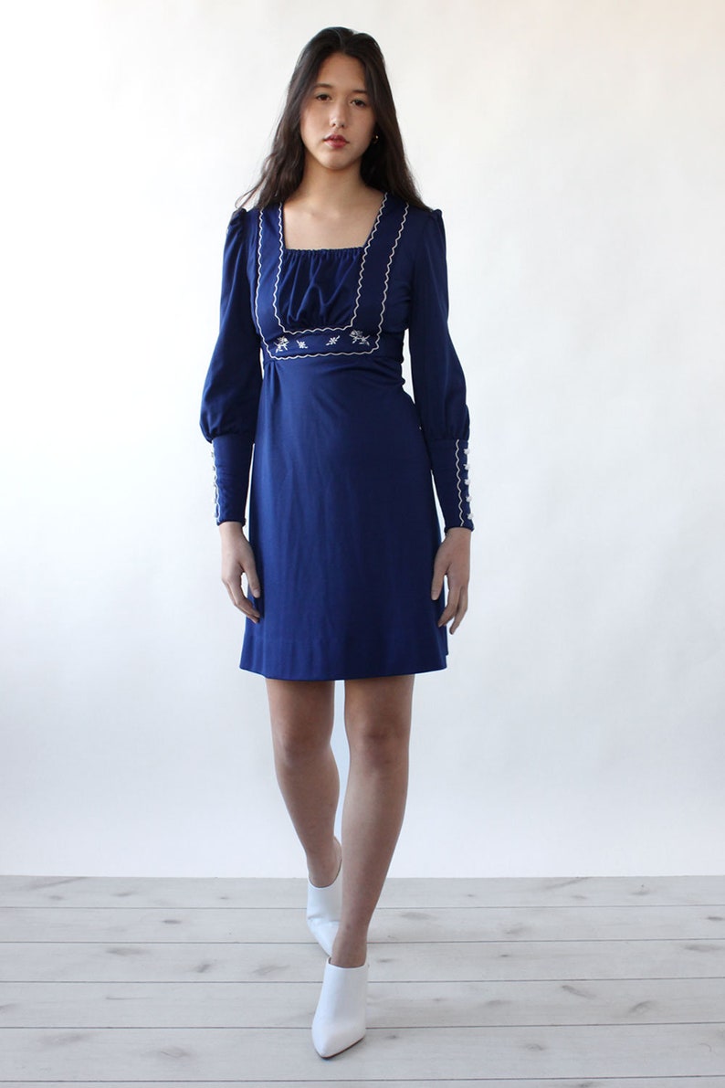 Navy Veruca Salt Dress XSS \u2022 70s Dress \u2022 Blue Vintage Dress \u2022 Vintage Mini Dress \u2022 Vintage Mod Dress \u2022 Vintage Embroidered Dress \u2022 D2973