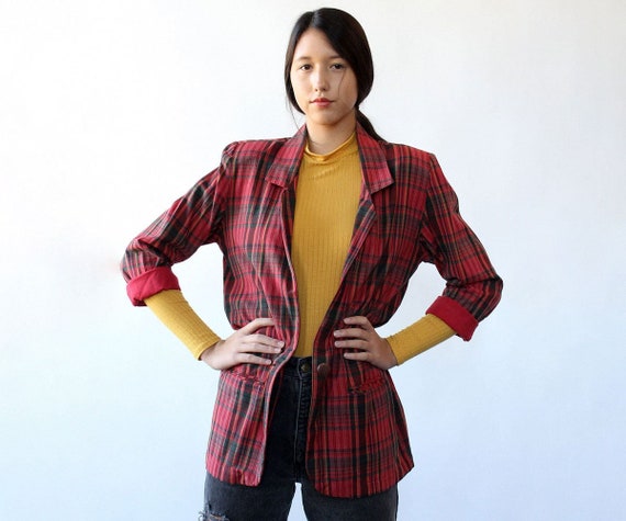 Cranberry Plaid Long Blazer S • 90s Blazer • Vinta