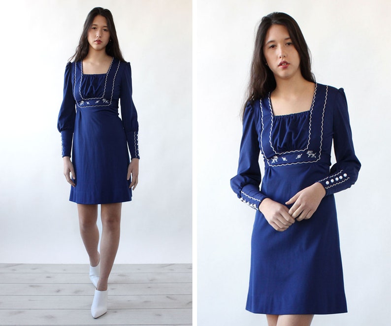 Navy Veruca Salt Dress XSS \u2022 70s Dress \u2022 Blue Vintage Dress \u2022 Vintage Mini Dress \u2022 Vintage Mod Dress \u2022 Vintage Embroidered Dress \u2022 D2973