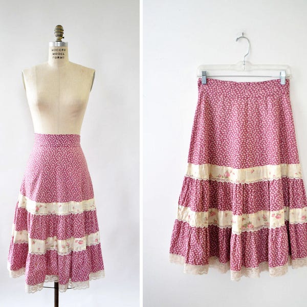 Prairie Skirt S • 70s Skirt • Pink Floral Skirt • Lace Trim Ruffle Skirt • Cotton Skirt • Floral Midi Skirt • High Waisted Skirt  | SK800