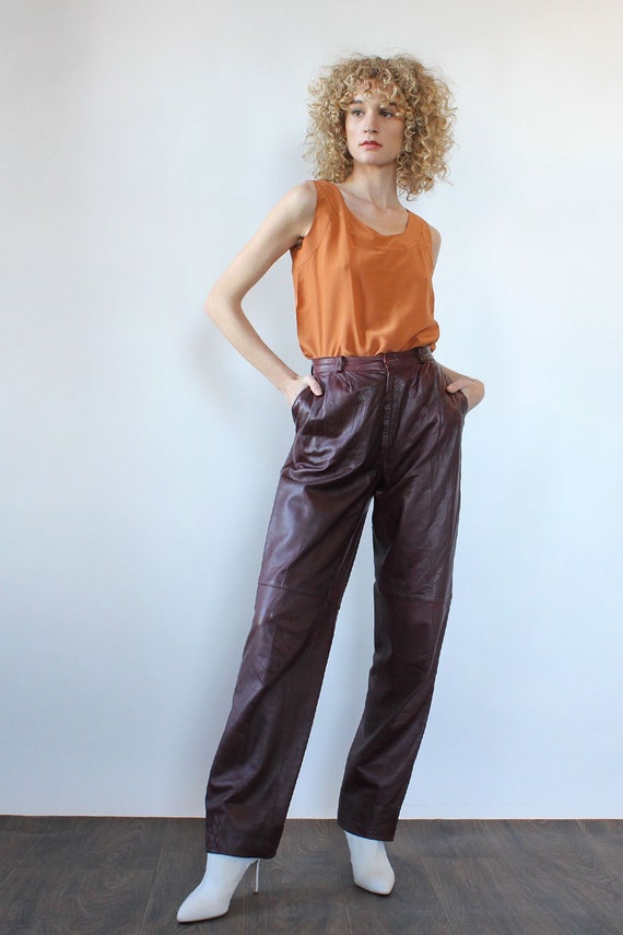 Merlot Leather Slacks M • 80s Leather Pants • Red
