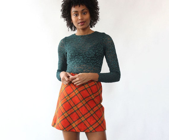Tangerine Plaid Mini Skirt XS • 60s Mini Skirt • V