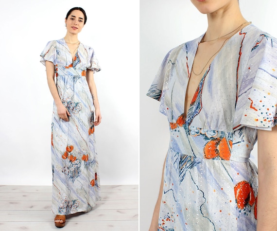 Ice Blue Metallic Maxi Dress XS • 70s Dress • Vint