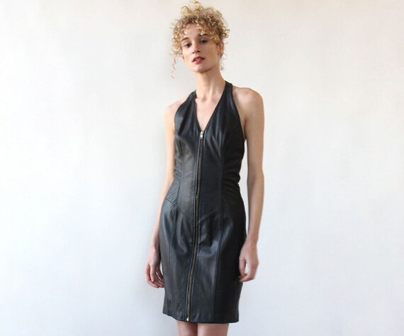 Buttery Leather Zip-up Dress M • 80s Leather Dress