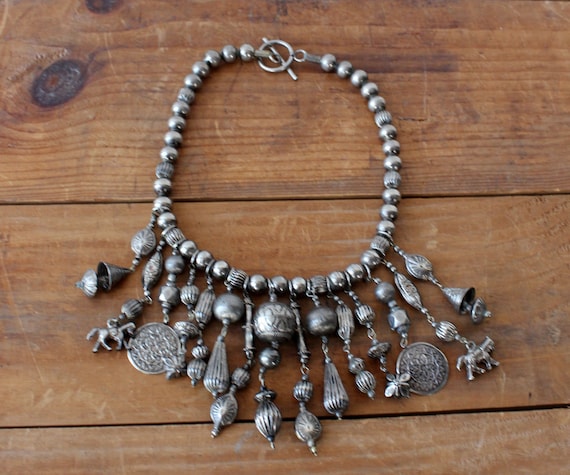 Pewter Charm Bib Necklace • 80s Necklace • Vintage