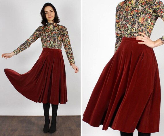 Mulberry Velvet Swing Skirt S • 70s Skirt • Vintag