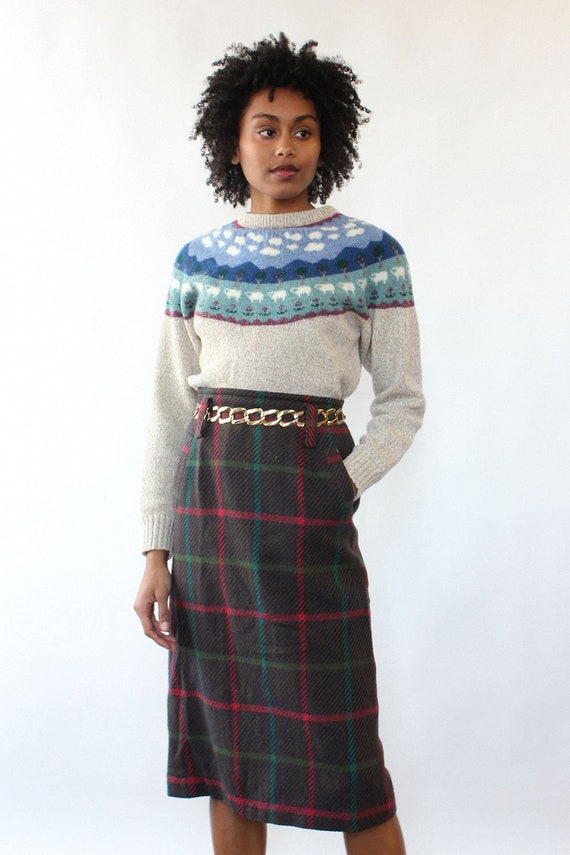 Jeweltone Plaid Pencil Skirt M • 80s Skirt • Vinta