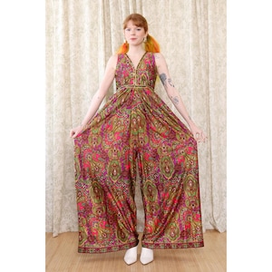 1970s purple paisley jumpsuit XS, embellished bohemian palazzo jumpsuit