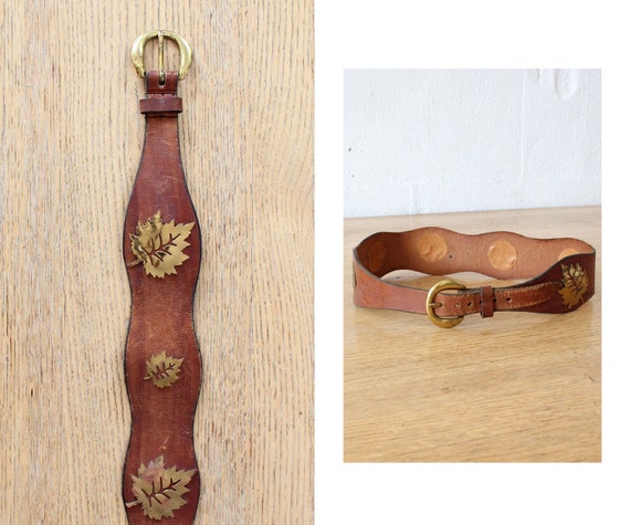 Brass Leaf Waist Belt • Vintage Brown Leather Belt