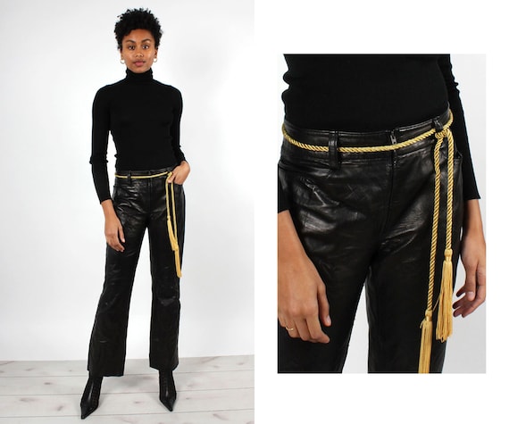 Black Leather Zip-Front Pants M • 90s Pants • Vint