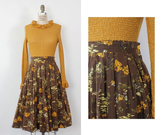 Japanese Garden Full Cotton Skirt M • 60s Skirt •