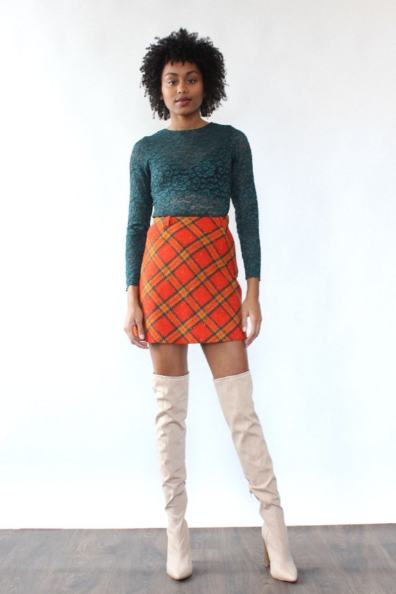 Tangerine Plaid Mini Skirt XS • 60s Mini Skirt • V