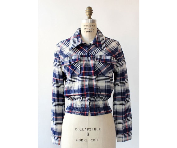 Cropped Blue Plaid Jacket S/M • 70s Plaid Jacket •
